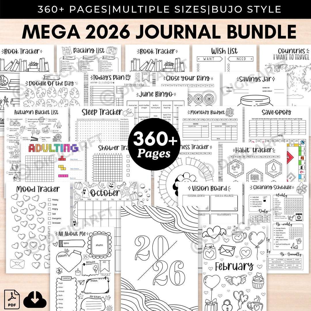 2026 journal bundle printable,2026 planner bundle,Premade bullett journal monthly yearly t