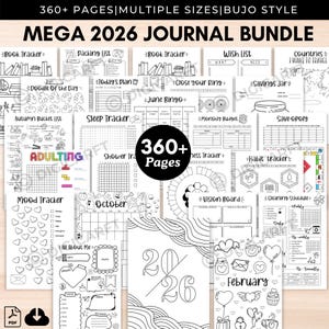 Könnte beinhalten: Ein Mega 2026 Journal Bundle mit über 360 Seiten in verschiedenen Größen und im Bujo-Stil. Das Journal enthält verschiedene Tracker wie einen Buch-Tracker, eine Wunschliste und einen Stimmungstracker. Das Journal enthält auch ein Doodle des Tages und einen Februar-Abschnitt.