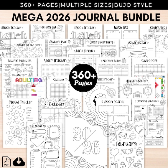 2026 journal bundle printable,2026 planner bundle,Premade bullett journal monthly yearly trackers pdf,Mood Trackers,Reading,Fitness,Habit