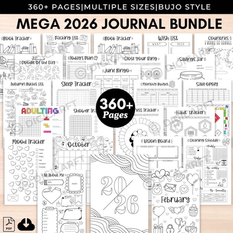 2026 printable planner bundle 375 pages, 2026 bullet journal printable bundle, 2026 yearly tracker printable pages, 2026 bujo yearly trackers set, 2026 monthly tracker printable kit, 2026 habit tracker bullet journal pages, 2026 mood tracker bujo printables, 2026 doodle of the day planner pages, 2026 monthly bujo cover pages printable, 2026 monthly bingo templates printable, 2026 circular monthly tracker pages