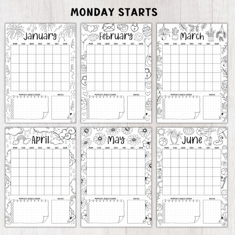 Puede incluir: P&aacute;ginas de planificador mensual imprimibles en blanco y negro para enero a junio. Cada p&aacute;gina tiene una cuadr&iacute;cula de calendario, espacio para notas y bordes decorativos con ilustraciones tem&aacute;ticas.