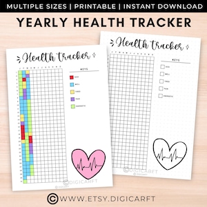 May include: Printable yearly health tracker with a grid for each month and a key with different colored squares for sick, well, tired, pain, and energetic. The tracker includes a heart with a heartbeat line.