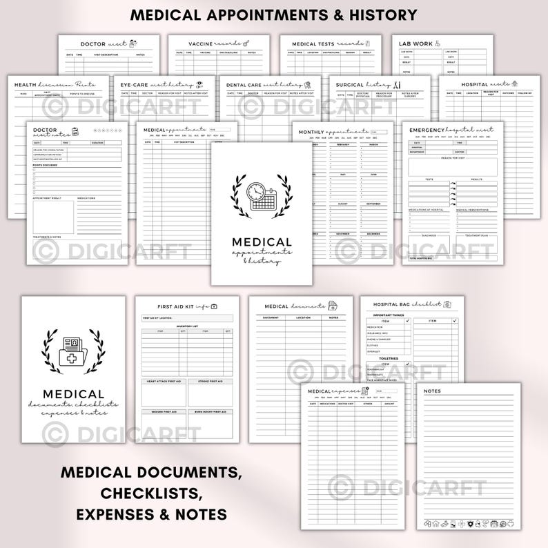 Family medical binder printable,healthcare planner printable,Medical Planner Bundle,Health Binder,doctor visit notes,family medical history, Patient medical tracker, Medicine tracker, Vitamins tracker, Supplement tracker, First aid kit checklist, Hospital bag checklist, Periods tracker, Daily pain tracker, Sleep tracker page, Daily health log, Weekly health log