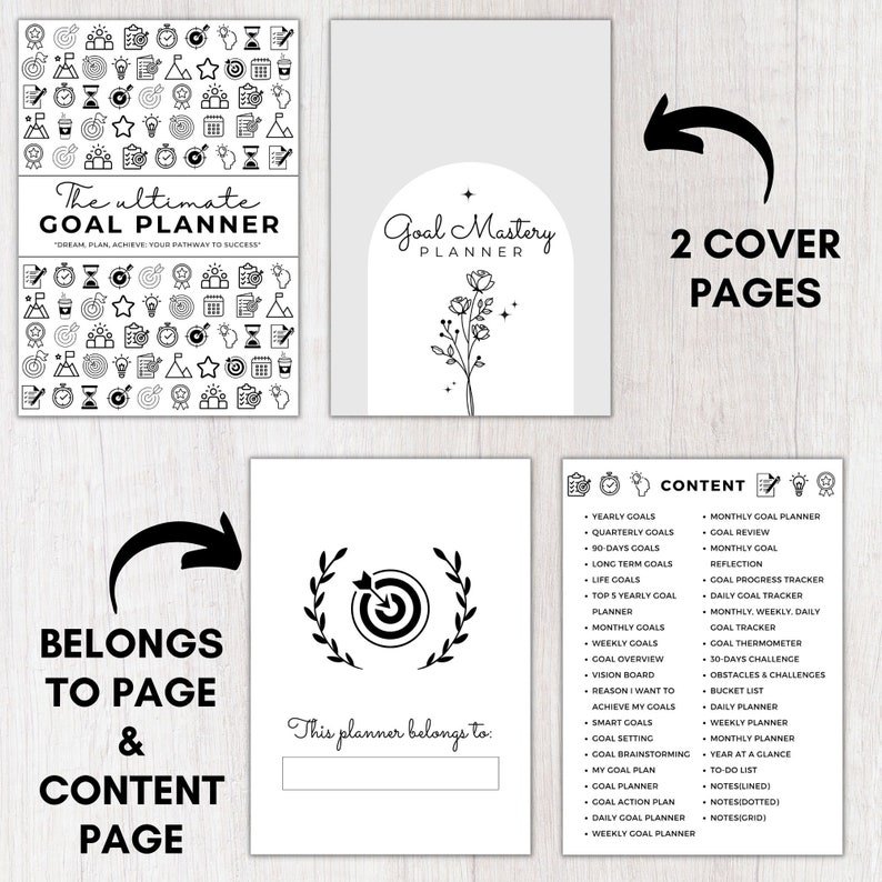 ,Progress tracker pdf,Goal planner bundle,Reflection journal,Life goal overview,Goal habit tracker,Long term goals,Goal setting mind map template,Goal Brainstorming,Goal planner cover page ideas,Minimal Life planner