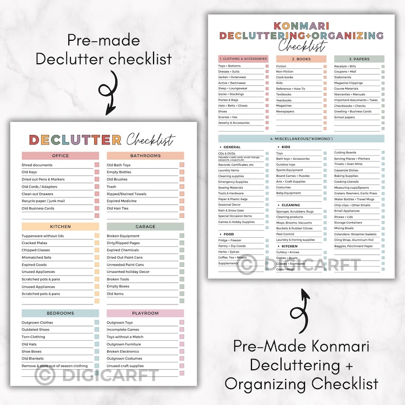 May include: Two pre-made decluttering checklists. One checklist is titled "Declutter Checklist" and lists items to declutter from the office, bathroom, kitchen, garage, bedrooms, and playroom. The second checklist is titled "Konmari Decluttering + Organizing Checklist".