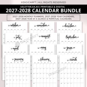 Monthly planner 2027 2028,Printable 2027 Calendar Bundle,Portrait Monthly Calendars,Perpetual Calendars,Year at a Glance a4,Planner inserts