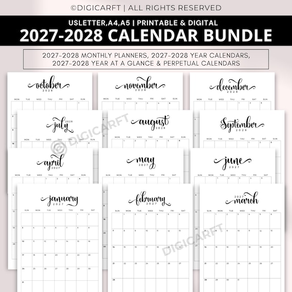 Monthly planner 2027 2028,Printable 2027 Calendar Bundle,Portrait Monthly Calendars,Perpetual Calendars,Year at a Glance a4,Planner inserts