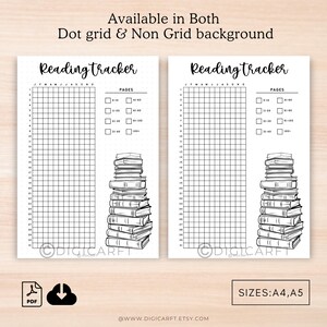 May include: Printable reading tracker with a stack of books illustration. The tracker has a grid background and includes a checklist for pages read. The tracker is available in both dot grid and non-grid backgrounds. The text "Reading Tracker" is at the top of the page. The text "PAGES" is at the top of the checklist. The text "SIZES: A4, A5" is at the bottom of the page.
