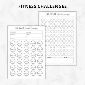 Może przedstawiać: Drukowany tracker wyzwań fitness z dwoma wzorami. Pierwszy wz&oacute;r to 30-dniowe wyzwanie z k&oacute;łkami dla każdego dnia. Drugi wz&oacute;r to wyzwanie na 100 mil z k&oacute;łkami dla każdej mili. Oba wzory mają miejsce na szczeg&oacute;ły wyzwania, nagrodę i notatki.