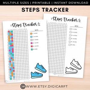 May include: Printable steps tracker with two pages. The first page has a grid with coloured squares to track steps for each month of the year. The second page has a blank grid for tracking steps. Both pages have a key with different step ranges and a pair of running shoes.