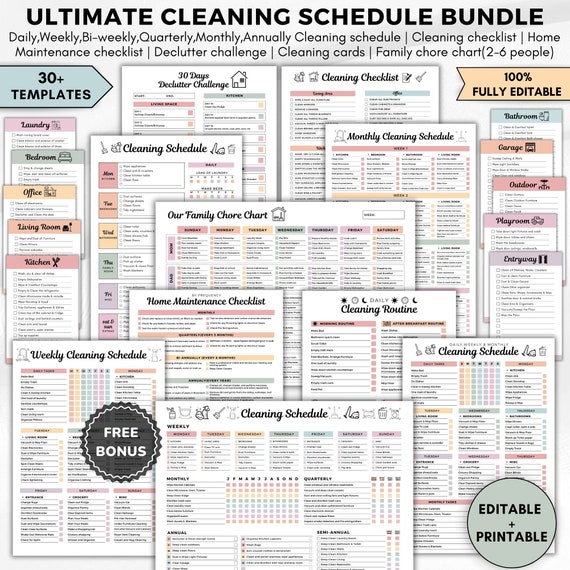 Ultimate cleaning schedule bundle editable,Cleaning Planner Bundle a4,Weekly,Monthly,Yearly Cleaning Checklist,Declutter,Family Chore Chart