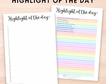 Könnte beinhalten: Druckbarer "Highlight of the Day"-Planer mit zwei verschiedenen Layouts. Ein Layout hat ein gepunktetes Raster und das andere hat regenbogenfarbene Streifen. Beide Layouts haben den Text "Highlight of the Day" oben.