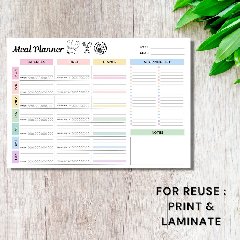 Peut inclure: Un planificateur de repas imprimable avec un design color&eacute;. Le planificateur comprend des sections pour le petit-d&eacute;jeuner, le d&eacute;jeuner, le d&icirc;ner, une liste de courses et des notes. Le texte "FOR REUSE: PRINT & LAMINATE" est en bas de la page.
