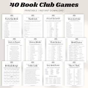 May include: A set of printable book club games on white paper. The games include "Name the Book", "Think Fast", "Around the World", "Your Favourite", "Ever or Never", "Famous Books", "Make the Duo", "Book Trivia", "Bookish Bingo", "Table Talk", "Your Book Name", and "This or That".