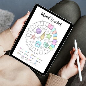 K&ouml;nnte beinhalten: Ein digitaler Stimmungs-Tracker mit einem Kreisdiagramm, das in 30 Abschnitte unterteilt ist. Jeder Abschnitt ist mit einem Stimmungsdescriptor beschriftet, wie z. B. "ruhig", "entspannt", "gl&uuml;cklich", "energetisch", "produktiv", "&auml;ngstlich" und "traurig". Das Diagramm ist mit einem bunten Muschel-Design verziert.