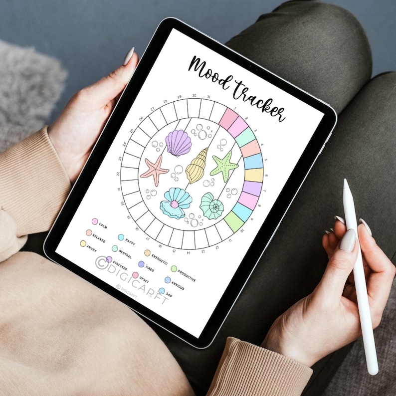 K&ouml;nnte beinhalten: Ein digitaler Stimmungs-Tracker mit einem Kreisdiagramm, das in 30 Abschnitte unterteilt ist. Jeder Abschnitt ist mit einem Stimmungsdescriptor beschriftet, wie z. B. "ruhig", "entspannt", "gl&uuml;cklich", "energetisch", "produktiv", "&auml;ngstlich" und "traurig". Das Diagramm ist mit einem bunten Muschel-Design verziert.