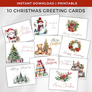 Aquarel kerst Afdrukbare kerstkaarten, Merry Christmas-kaarten downloaden, kerstwenskaart met sneeuwpop Poinsettia, kerstkaartensets