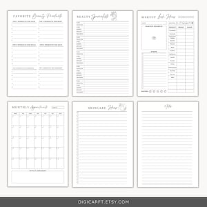 May include: A printable beauty planner with sections for favorite products, monthly appointments, skincare ideas, and makeup look ideas. The planner features a minimalist design with black text and lines on a white background.