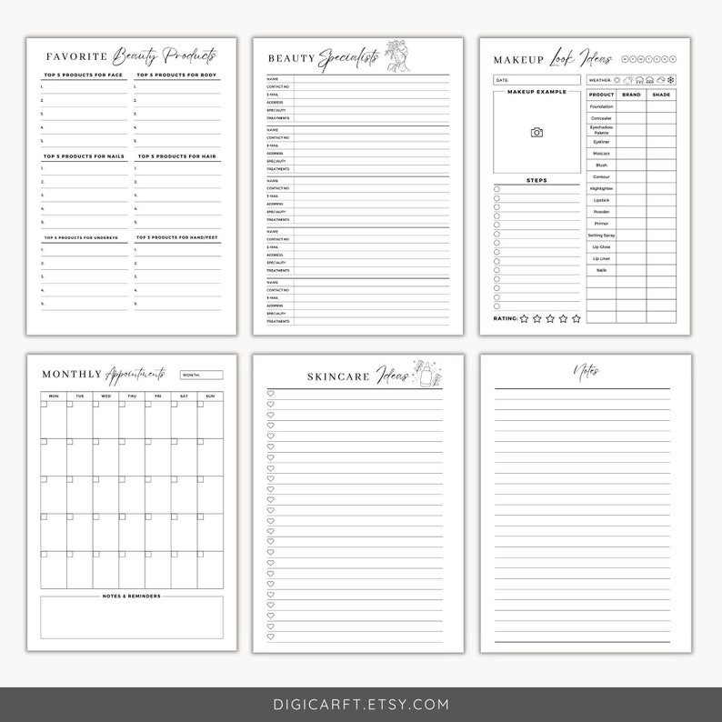 May include: A printable beauty planner with sections for favorite products, monthly appointments, skincare ideas, and makeup look ideas. The planner features a minimalist design with black text and lines on a white background.