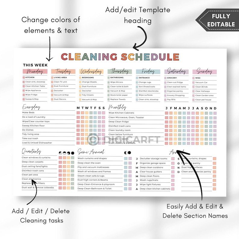 Editable cleaning schedule checklist canva adhd,Home cleaning planner weekly monthly yearly Semi-annually, Quarterly Clean house schedule printable,house chore chart,Digital cleaning template,Printable cleaning checklist home,Kitchen,Bathroom,Living room,Bedroom Cleaning checklist,Master Cleaning tracker, Family cleaning responsibility charts,Kids cleaning chores list
