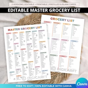 May include: Two printable grocery list templates. One titled "Editable Master Grocery List" and the other "Grocery List". Both lists are organized by food categories like fruits, vegetables, dairy, and meats. The lists are editable and printable.