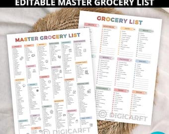 Liste de contrôle d'épicerie principale modifiable, liste de courses en ligne, liste de courses d'épicerie numérique, planificateur de repas hebdomadaire imprimable, modèle d'épicerie vierge a4