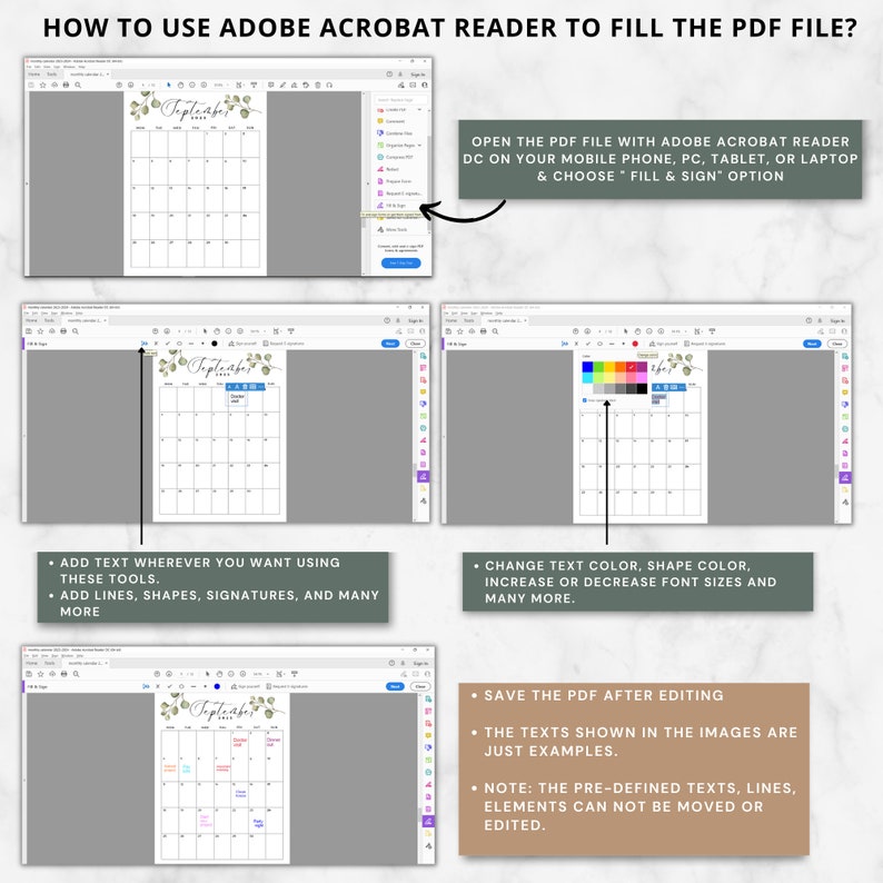 Pode incluir: Uma captura de tela mostrando como usar o Adobe Acrobat Reader para preencher um arquivo PDF. A imagem mostra um calend&aacute;rio do m&ecirc;s de setembro. As instru&ccedil;&otilde;es incluem adicionar texto, linhas, formas, assinaturas e alterar a cor do texto e das formas.