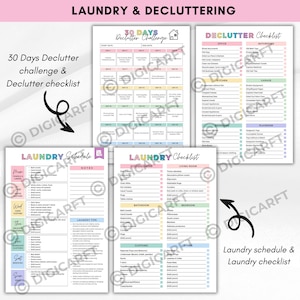30 days declutter challenge,House declutter planner and checklist printable, Laundry schedule editable, Laundry checklist printable