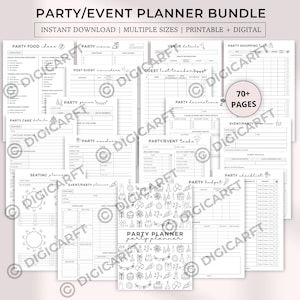 Afdrukbare bundel feestplanner, notitieboek voor evenementenplanner, checklist digitale verjaardagsfeestje planning, sjabloon organisator evenement, trackers gastenlijst