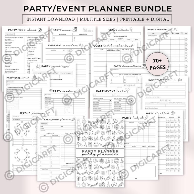 Party planner bundle printable,Event planner notebook,Digital Birthday Party planning checklist,Event organizer template,Guest list trackers image 1