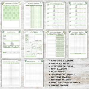 K&ouml;nnte beinhalten: Druckbarer Gartenplaner mit gr&uuml;nen Bl&auml;ttern und wei&szlig;em Hintergrund. Der Planer enth&auml;lt Abschnitte f&uuml;r einen Gartenkalender, monatliche Pflanzung, Gem&uuml;sekalender, Obstkalender, Pflanzenprofil, detailliertes Pflanzenprofil, Bew&auml;sserungstracker, D&uuml;ngemitteltracker, w&ouml;chentliche Bew&auml;sserungsplanung und Aussaat-Tracker.
