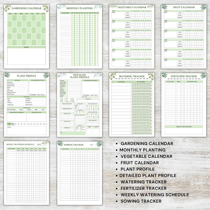 K&ouml;nnte beinhalten: Druckbarer Gartenplaner mit gr&uuml;nen Bl&auml;ttern und wei&szlig;em Hintergrund. Der Planer enth&auml;lt Abschnitte f&uuml;r einen Gartenkalender, monatliche Pflanzung, Gem&uuml;sekalender, Obstkalender, Pflanzenprofil, detailliertes Pflanzenprofil, Bew&auml;sserungstracker, D&uuml;ngemitteltracker, w&ouml;chentliche Bew&auml;sserungsplanung und Aussaat-Tracker.