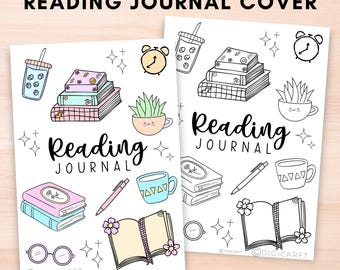 May include: Printable reading journal cover with a colorful design featuring books, glasses, a cup of coffee, a plant, and a clock. The text "Reading Journal" is written in black.