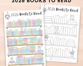 2026冊の読書記録リスト（印刷可能）、TBRテンプレート（A5判）、50冊から100冊までの読書記録、本棚トラッカー（印刷可能）、読書記録ページ（PDF A4）