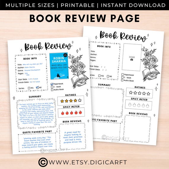 Book review template printable,a5 journal Reading Review page,Reading review sheet,Digital Printable Book Review PDF,Book review journal