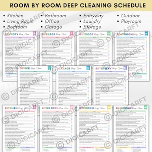 Room by room deep cleaning scehdule, Kitchen cleaning, Bathroom cleaning, Bedroom cleaning,LIving room cleaning, Office cleaning, Playroom cleaning, Cleaning cards for kids