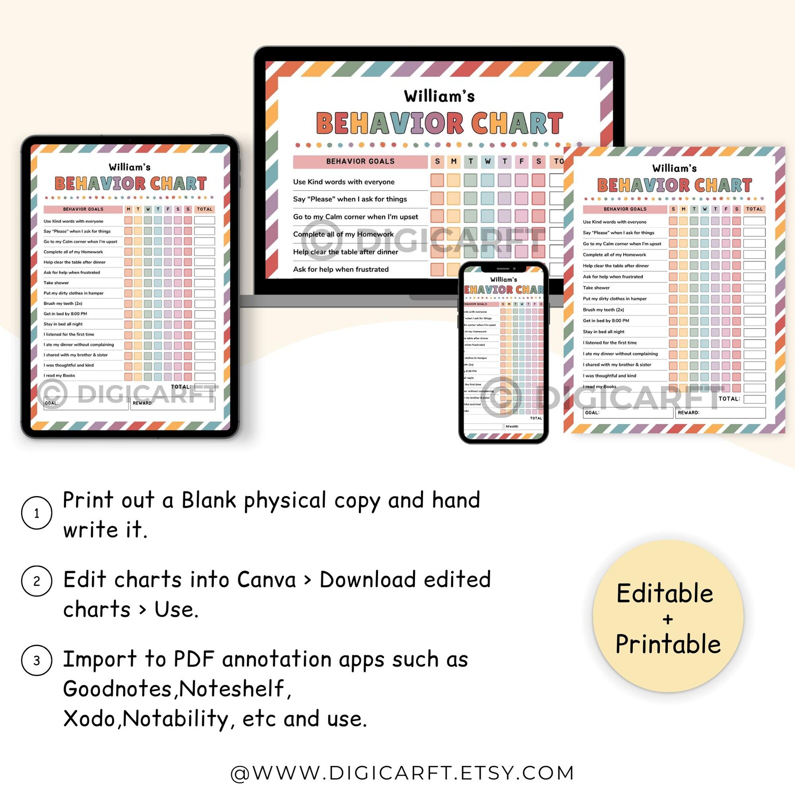 Editable Kids Behavior Chart: Reward Tracker, Chore Chart (digital ...