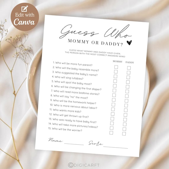 Guess who mommy or daddy babyshower game minimalist,Guess who baby shower activity,Editable Baby shower mom or dad,Who Said It Trivia Game