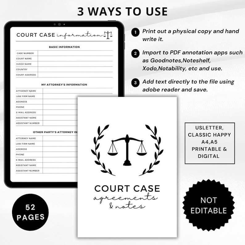May include: A digital court case information template with a black and white design. The image includes a tablet displaying a form, a printed document with a scales of justice graphic, and text that reads "Court Case Agreements & Notes".
