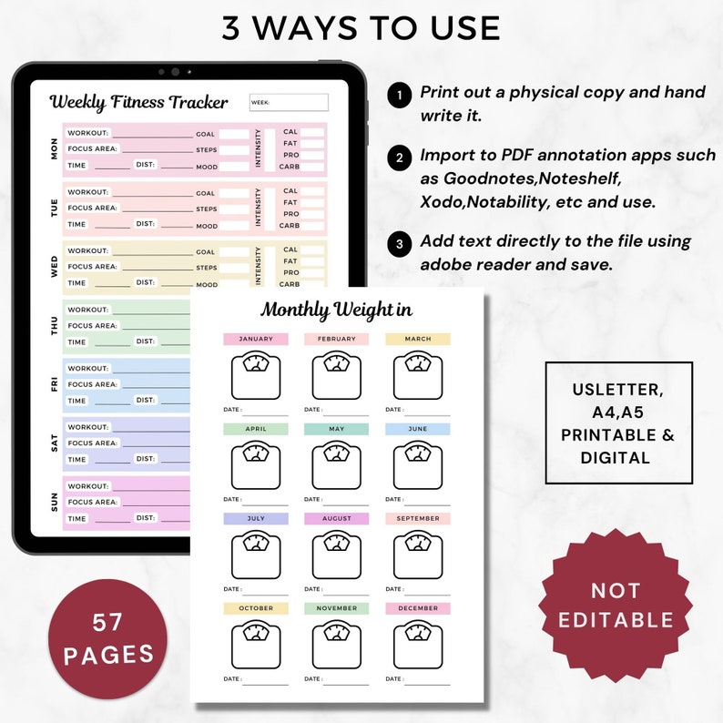 May include: A printable fitness tracker with a weekly fitness log and a monthly weight tracker. The tracker is designed for use with digital annotation apps or a physical copy. The tracker is not editable.