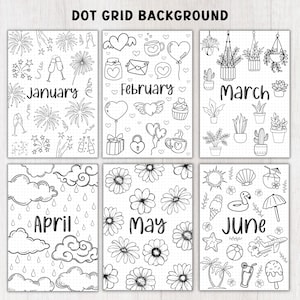 Puede incluir: P&aacute;ginas de planificador imprimibles en blanco y negro con temas mensuales. Enero presenta fuegos artificiales, febrero corazones, marzo plantas, abril nubes y lluvia, mayo flores y junio iconos de verano.