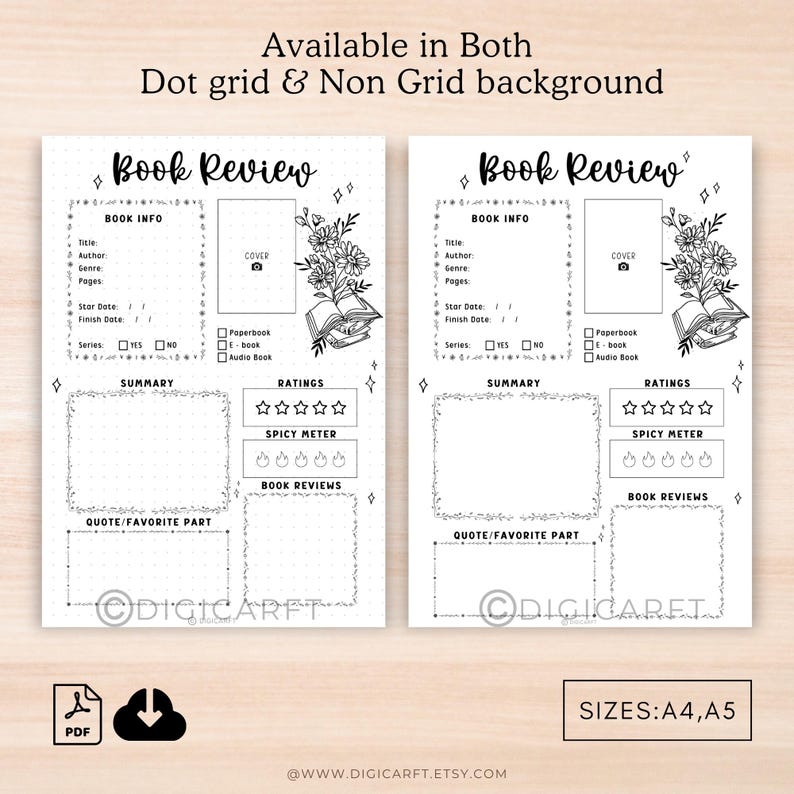 May include: Printable book review template with a floral design and a book illustration. The template includes sections for book info, summary, ratings, spicy meter, book reviews, and a quote or favorite part. The template is available in both dot grid and non-grid backgrounds.