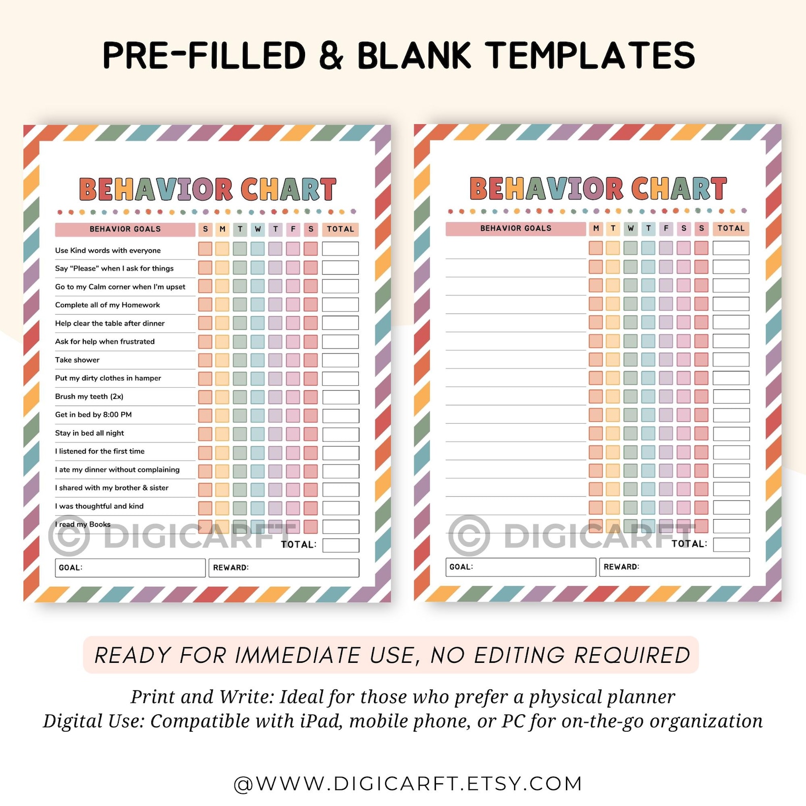 Editable Kids Behavior Chart: Reward Tracker, Chore Chart (digital ...