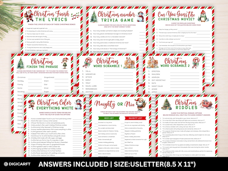 Christmas mega games bundle printable, Christmas party games, Holiday games, Family party games, New year eve games bundle,Christmas trivia games, Christmas song trivia, Christmas movie trivia, Christmas Santa trivia, Can you guess Christmas movie, Guess Christmas Carols, Christmas riddles game,Christmas word Scramble, Christmas think fast game, Christmas finish the phrase game, Christmas around the world, Christmas Scattergoris, Christmas This or that game,What’s your Elf name