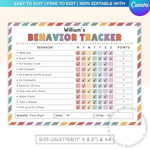 May include: A colorful behavior tracker with the name "William's" at the top. The tracker includes a list of behaviors, checkboxes for each day of the week, and a points section. The reward is "Pizza Night" with a goal of 50 points.