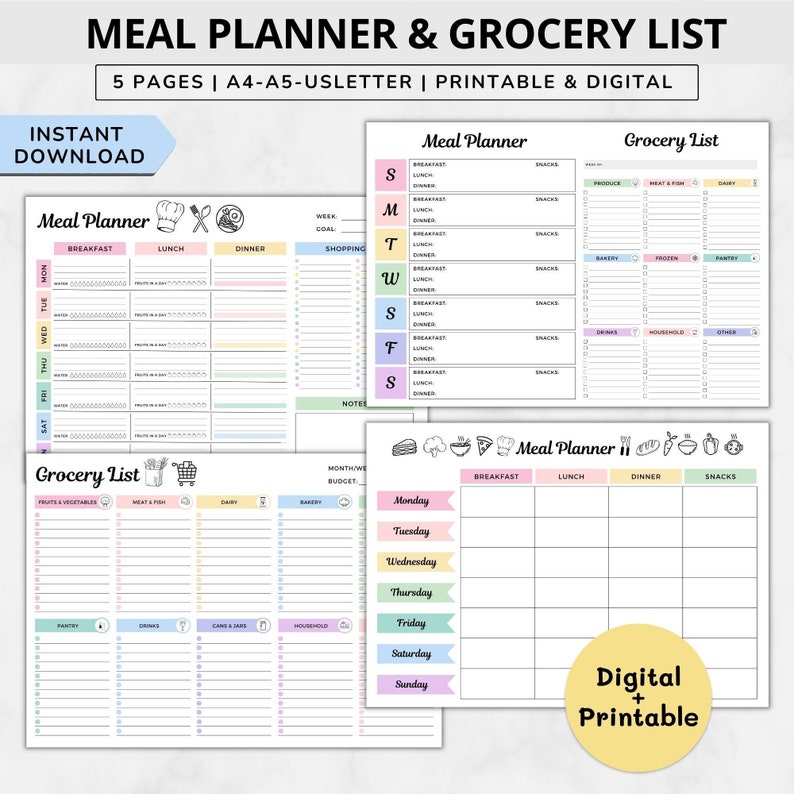 Peut inclure: Un mod&egrave;le de planificateur de repas et de liste d'&eacute;picerie imprimable. Le mod&egrave;le comprend un planificateur de repas hebdomadaire, une liste d'&eacute;picerie et un planificateur de repas quotidien. Le mod&egrave;le est con&ccedil;u dans des couleurs pastel avec des ic&ocirc;nes mignonnes.