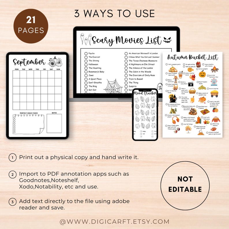 May include: A printable digital planner with three pages: a September calendar, a scary movie checklist, and an autumn bucket list. The pages are black and white with illustrations. The text "3 Ways to Use" is at the top of the image.