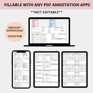 May include: A digital printable nursing chart for tracking patient information. The chart includes sections for patient background, vital signs, labs, medications, and more. The chart is designed to be filled out with a PDF annotation app.