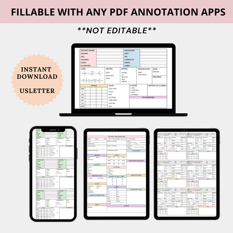 May include: A digital printable nursing chart for tracking patient information. The chart includes sections for patient background, vital signs, labs, medications, and more. The chart is designed to be filled out with a PDF annotation app.
