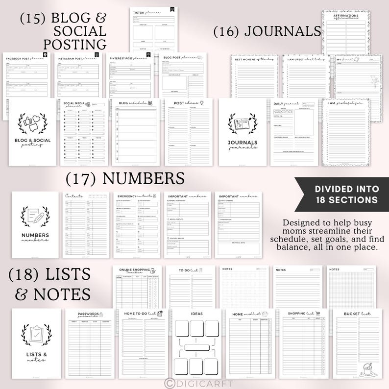 Blog planner, Social media planner, Blog schedule, Instagram, Facebook, Pinterest, Tik tok planner, I a grateful for journal, Affirmations,Daily journal, Gratitude journal, Contact list, Emergency contacts, To-do list, Wishlist, Bucket list, Shopping